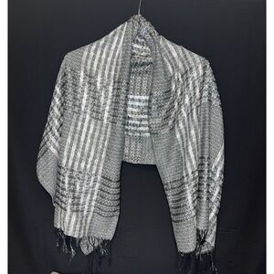 Metallic Silver & Black Shimmery Scarf / Shawl / Wrap w/ fringe - 70 x‎ 25